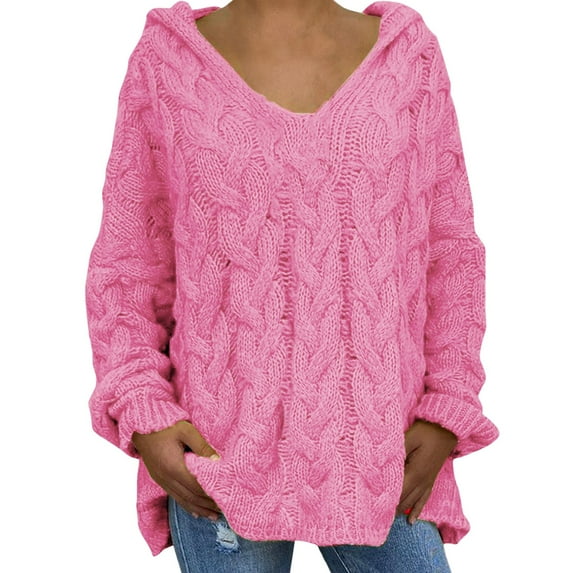 Pink Fashion Solid Solid Color Hooded Neck Big & Tall Women's Pullover Sweater, Women Fashion Loose Large Size Solid Color Hood Long Sleeves Sweater Tops