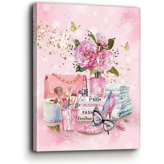 Pink Fashion Wall Art Pink Flower Canvas Pictures Girly Bathroom Wall Decor Glam Handbag Perfume Makeup Room Framed Artwork Painting for Women Bedroom Living Room 12"X16"