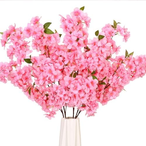 Pink Faux Cherry Blossom Branches, Artificial Cherry Blossom Stems Cherry Blossom Flowers Vase Arrangements for Wedding Home Party Kitchen Decor, Set of 3