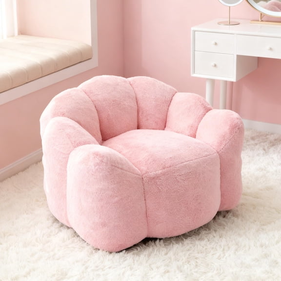 Pink Faux Fur Flower-Shaped Bean Bag Chair, Large Comfortable Indoor