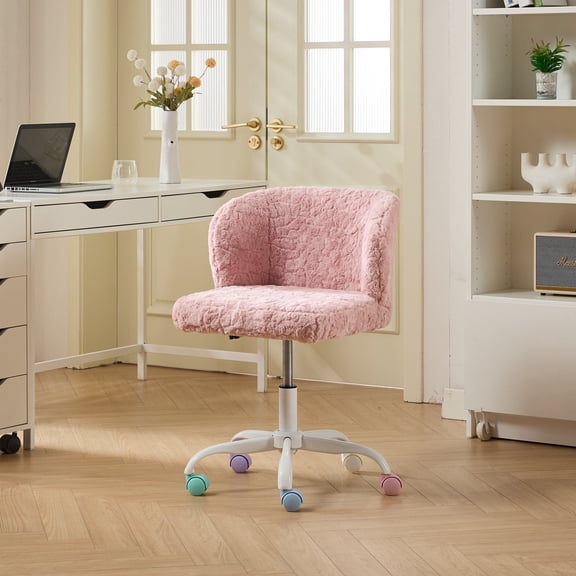 Pink Faux Fur Office Chair - Adjustable Vanity Desk Chair with Swivel Base | Comfortable Home Office Seating for Bedroom or Workspace