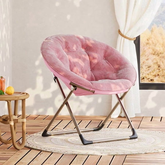 Pink Faux Fur Saucer Lounge Chair, Collapsible Boho Moon Chair With Non-Slip Base And Sturdy Metal Legs