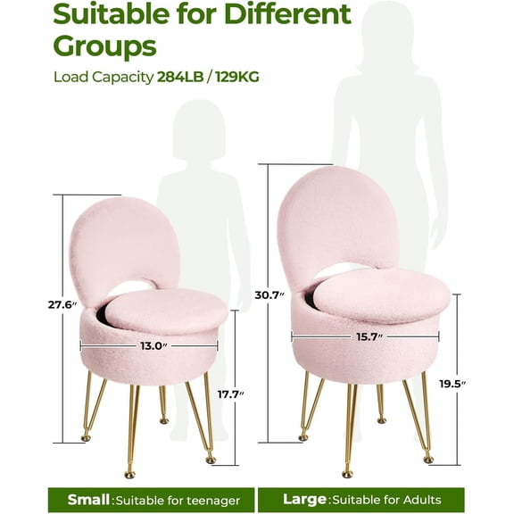 Pink Faux Fur Teen Vanity Ottoman 13"x13"x17.7", Foldable Back Storage | On Sale | 4 Anti-Slip Metal Legs for Bedroom Makeup