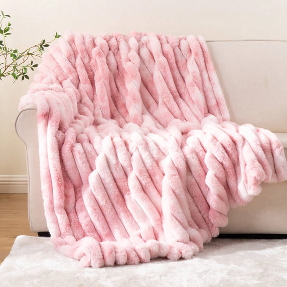Pink Faux Fur Throw Blanket,Fuzzy Plush Striped Rabbit Fur Blanket for Home Decor,50"X60"
