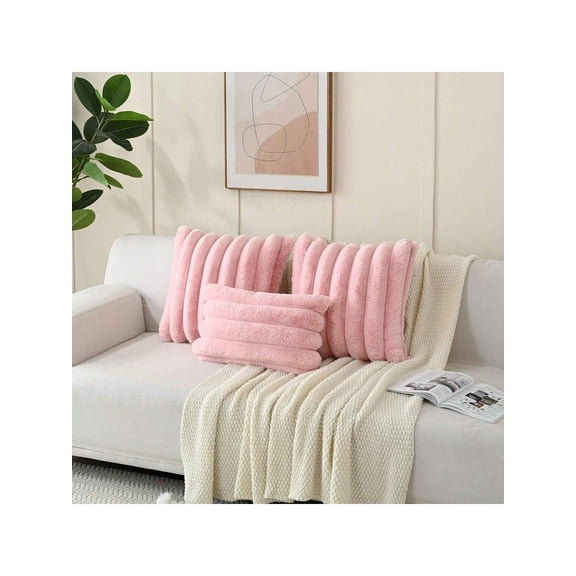 Pink Faux Fur Vertical Ribbed Bolster Pillow Cover, Soft Decorative Lumbar Cushion Sham For Sofa