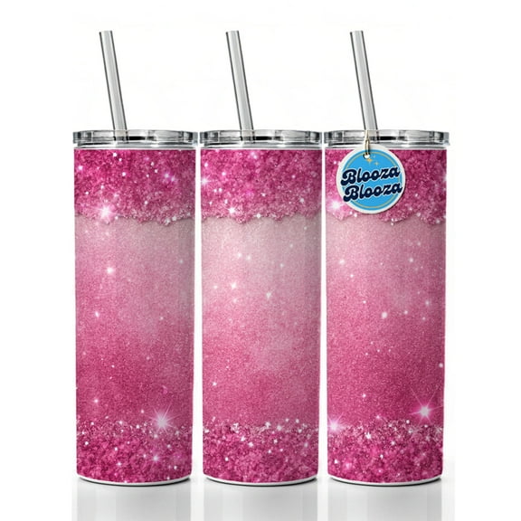 Pink Faux Glitter 20oz Insulated Water Bottle Skinny Tumbler Includes Straw