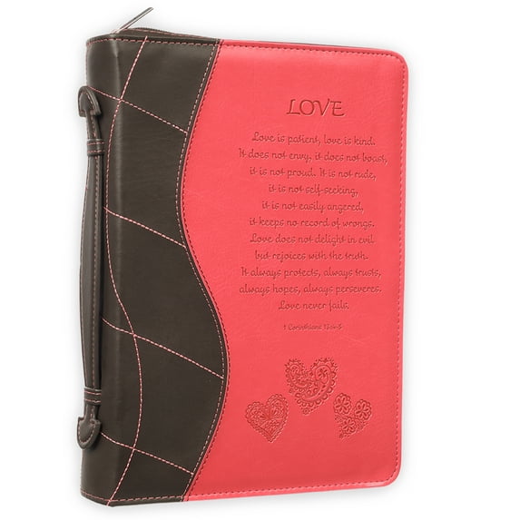 Pink Faux Leather Bible Cover for Women Love Is - 2 Corinthians 13:4:8 Zippered Case for Bible or Book w/Handle, Medium Christian Art Gifts