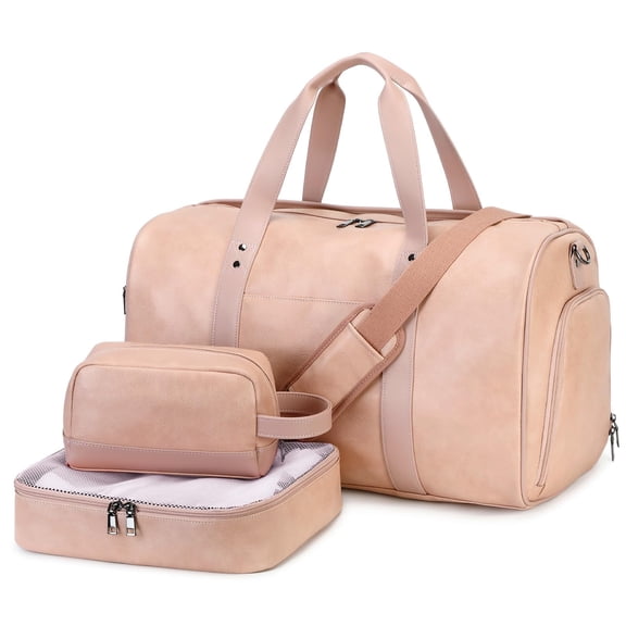 Pink Faux Leather Weekender Duffel Bag with Shoe Compartment Carry On Luggage