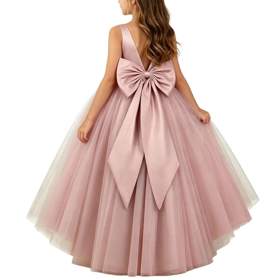 Pink Faux Satin for Girl Floral Wedding Guest Formal Date Night Evening Gowns Birthday Bow Tie Goddess Mesh Homecoming Dresses Girls 5 Years