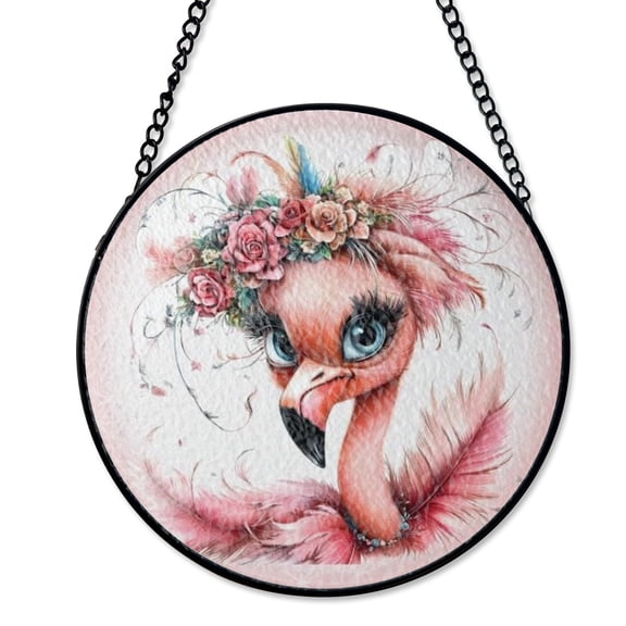 Pink Feather Floral Flamingo Suncatcher Stained Glass Style UV Printed Glass Tropical Summer Decor Round