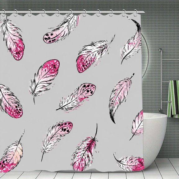 Pink Feather Pattern Print Shower Curtain 70.8×70.8Inch,Modern Fabric Waterproof Polyester Bathroom Home Decor Set with Hooks