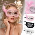 thumbnail image 1 of Pink Feathered Masquerade Mask, Half Mask with Pearl and Crystal Embellishments, Lace Mask for Masquerade Ball and Masquerade Accessories, 1 of 5