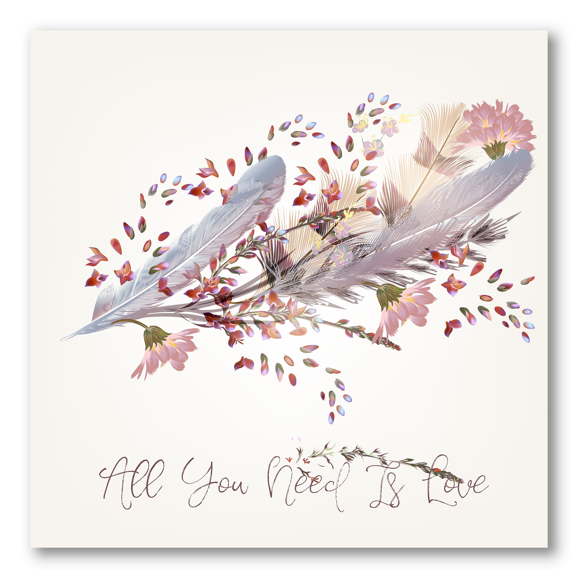 Pink Feathers and Flowers All You Need Is Love 16 in x 16 in Painting Canvas Art Print, by Designart