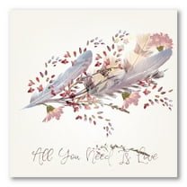 Pink Feathers and Flowers All You Need Is Love 16 in x 16 in Painting Canvas Art Print, by Designart