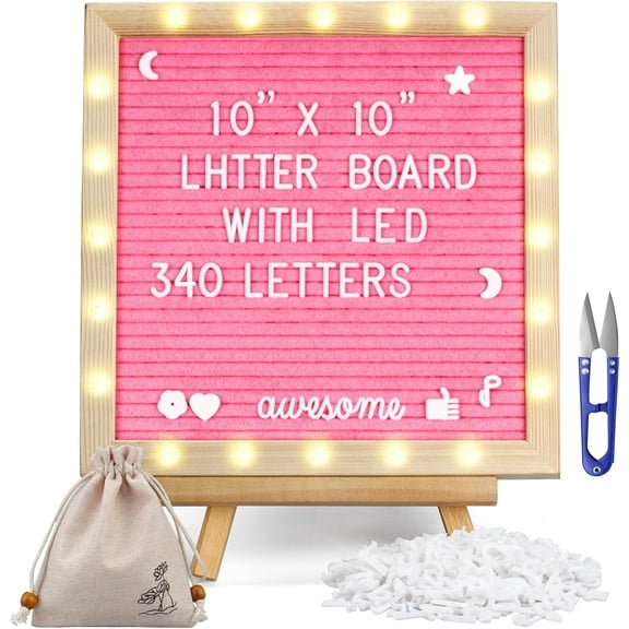 Pink Felt Letter Board with Lights, Built-in LED Lights -Message Adjustable Stand, 340 Letters and Christmas,- for Menus, Pregnancy Announcement, Weddings, Party Planning(10 * 10)
