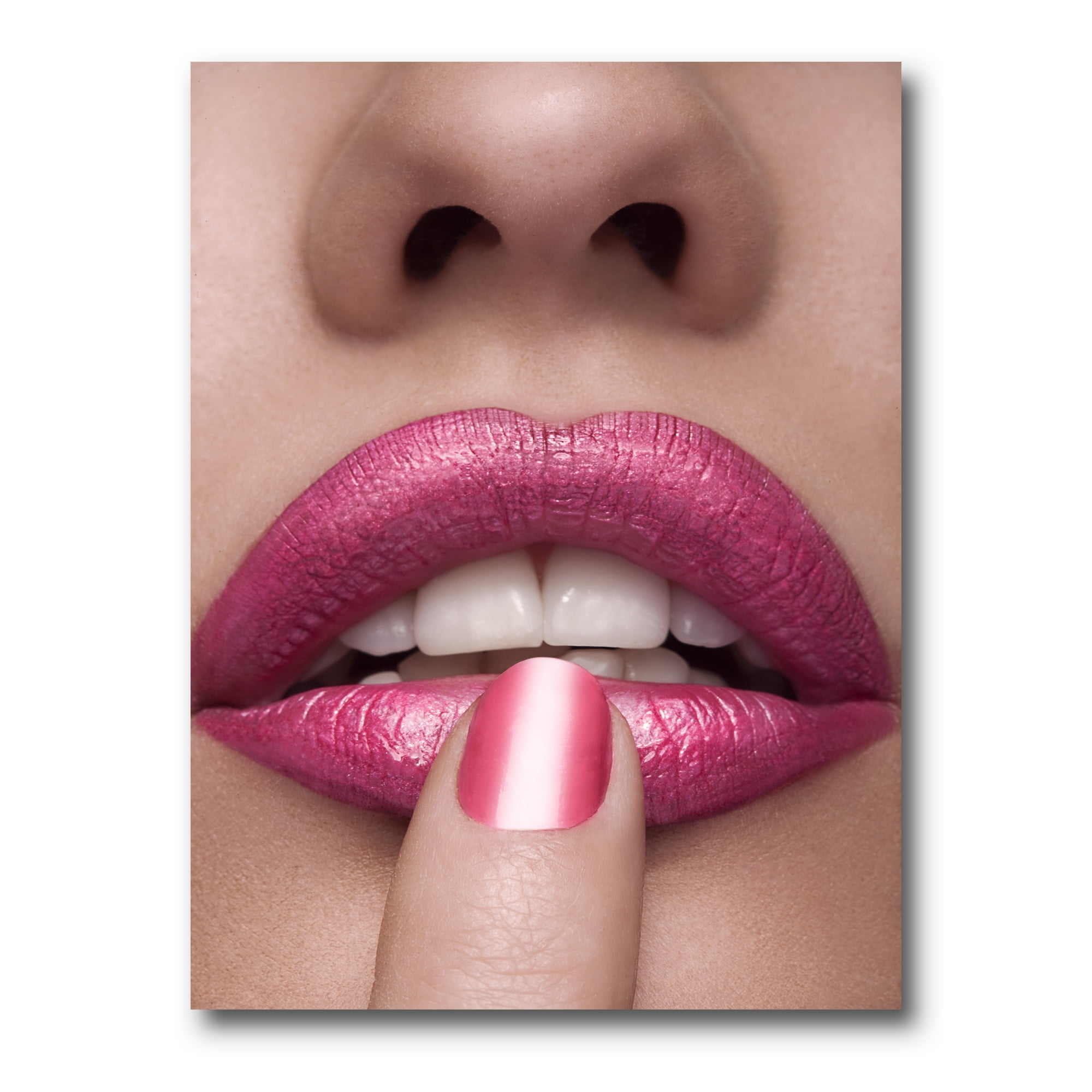 Pink Female Lips With Finger On Mouth 8 in x 12 in Photography Canvas Art Print, by Designart