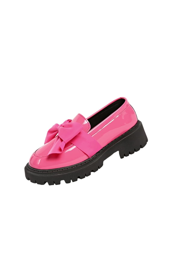 Pink Female Versatile Loafers With Bow Accents And Patent Leather For Fall Winter Plus Size And Easy Wear