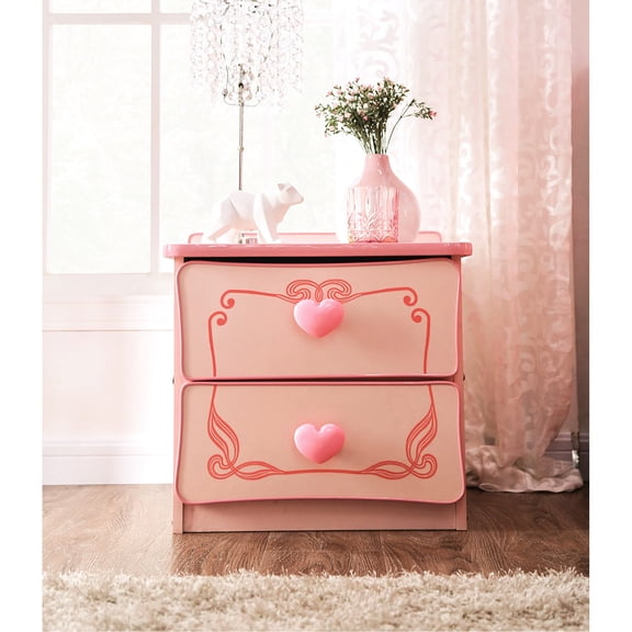 Pink Finish 2 - Drawer Wooden Nightstand | Bedroom Use in Princess Room | High - Gloss Lacquer and Exquisite Accents | Fills Girls' World with Magic