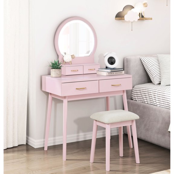 Pink Finish & Comfortable Stool | 4 Drawer Storage | Bedroom Vanity for Relaxed Beauty