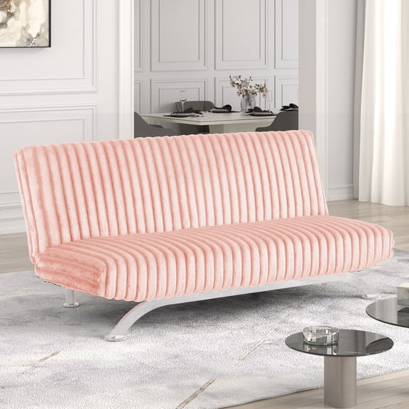 Pink Finish Futon Sofa Bed Contemporary Style Chrome Finish Base Legs Convert Into Bed With Extra Support Metal Leg