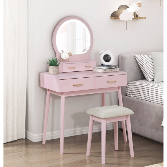 Pink Finish Vanity Set with Upholstered Stool / Adds Style to Bedroom Decor