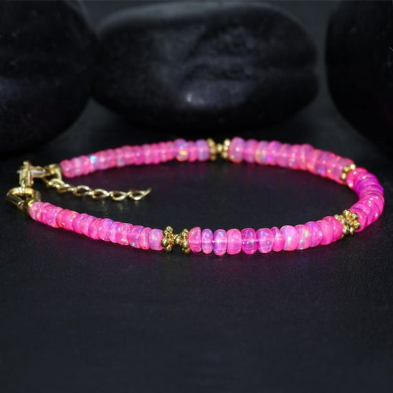 Pink Fire Ethiopian Opal 3-3.5mm Rondelle Shape Smooth Cut Beads 7 inch Adjustable Gold Plated Clasp Bracelet for men, women, unisex. Link Chain Stacking Bracelet.|LINK_05440