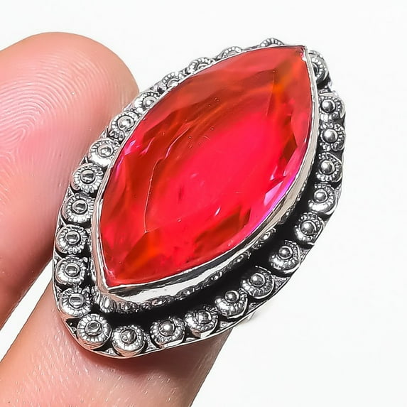 Pink Fire Topaz Gemstone Adjustable Ring Handmade Marquise Shape Jewelry AB 1327