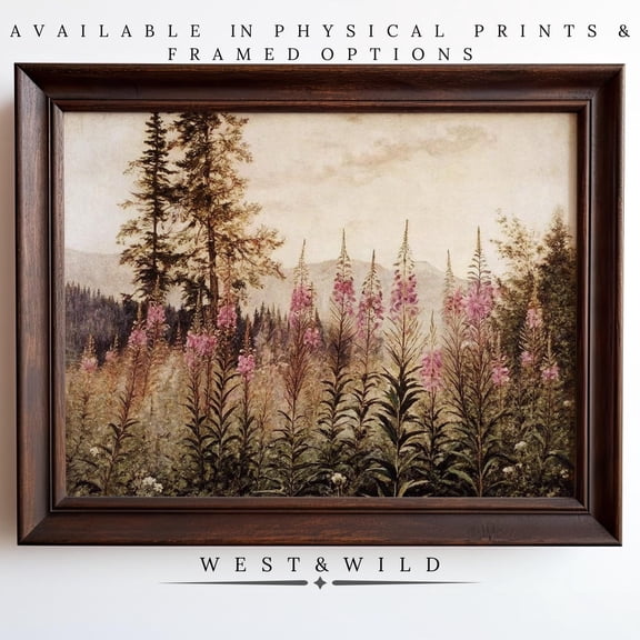 Pink Fireweed Flowers Wall Art Rustic Alaskan Landscape Alaska Art Primitive Wilderness Art Cabin Decor, Unframed Paper Print