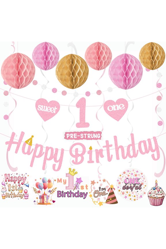 Pink First Birthday Decorations for Girl, Pre-Strung Sweet One and Happy Birthday Banner with Honeycomb Balls, Hanging Swirls, Circle Dots Garland for 1st Birthdays Decorations Girl 21pcs Y114
