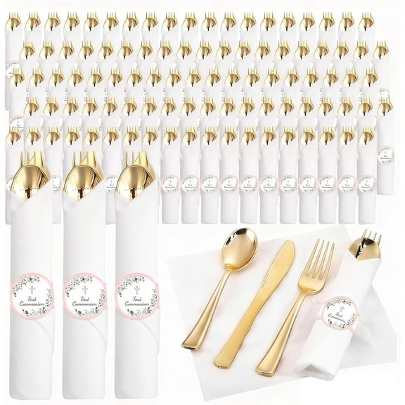 Pink First Communion Decorations Pre Rolled Silverware Set Disposable Baptism Plastic Silverware Set God Bless Baptism Birthday Supplies for Christening Celebration Party, Serves 25