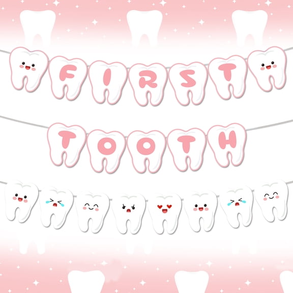 Pink First Tooth Banner, Smiling Tooth Banner, First Tooth Party Decorations for Girl Baby Shower Birthday Party Decoration