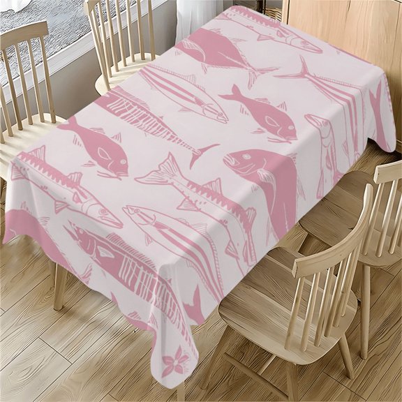 Pink Fish Pattern Rectangle Tablecloth 55x77.1 inches - Ocean Theme Design for Dining Table, Desk, Party, Outdoor Use