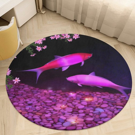 Pink Fish in Floral Pond Round Area Rugs for Bedroom Living Room, 4FT Soft Comfy Indoor Circle Carpets, Floor Mat