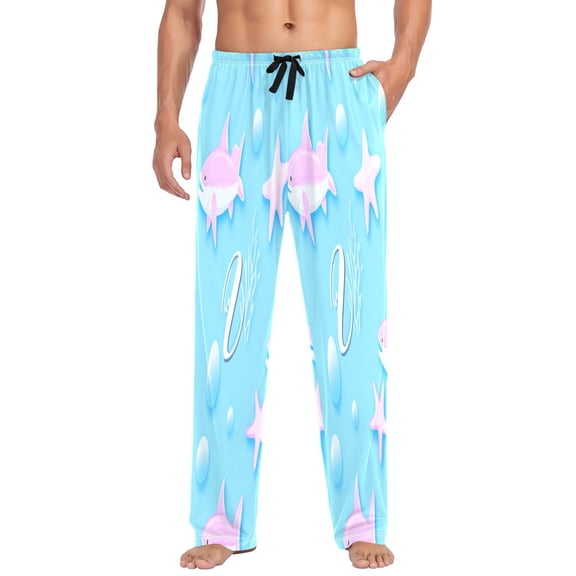 Pink Fish in Water Mens Cotton Pajama Pants Long Staple Lightweight Sleep Bottoms with Pockets Breathable