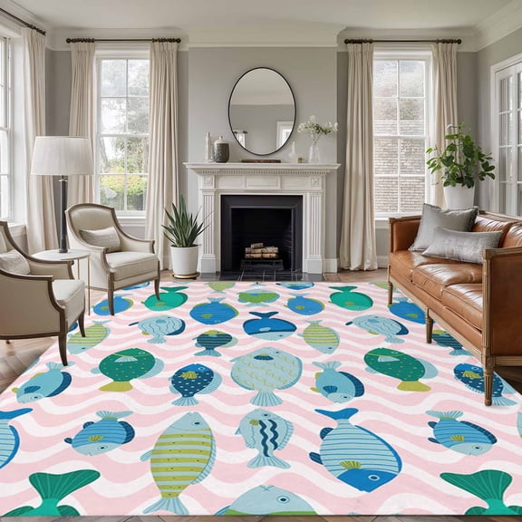 Pink Fishes Area Rugs 5'x8', Washable Small Throw Rugs for Classroom Bedroom, Cartoon Coastal Ocean Fish Striped Indoor Outdoor Rug Non-Slip Low Pile Carpet Runner Reversible Floor Mats