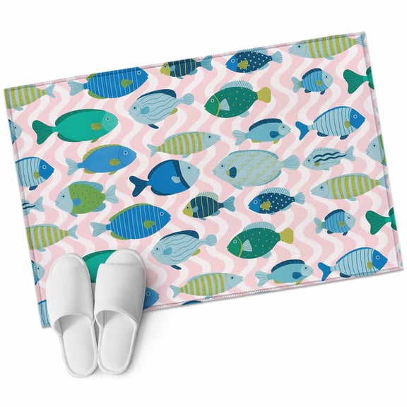 Pink Fishes Bathroom Rug Washable 2x3 Entryway Rug Non Slip Cartoon Coastal Ocean Fish Striped Front Door Mat Low Pile Indoor Doormat Throw Floor Carpet for Kitchen Bedroom Entrance