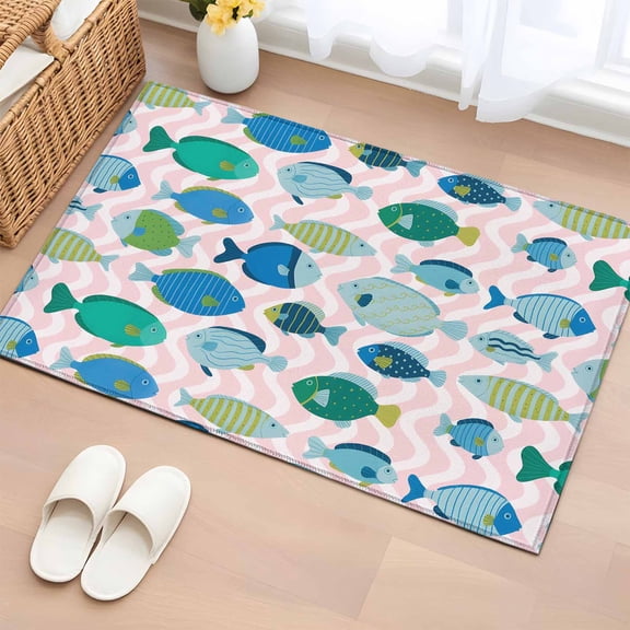 Pink Fishes Entryway Rug 2'x3' Non Slip Front Door Mats, Cartoon Coastal Ocean Fish Striped Entrance Rugs Indoor Outdoor Carpet, Washable Floor Mats Small Area Rug for Bedroom Kitchen