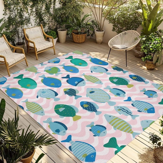 Pink Fishes Outdoor Rug for Patio/Deck/Porch, Non-Slip Large Area Rug 5 x 7 Ft, Cartoon Coastal Ocean Fish Striped Indoor Outdoor Rugs Washable Area Rugs, Reversible Camping Rug Carpet Runner