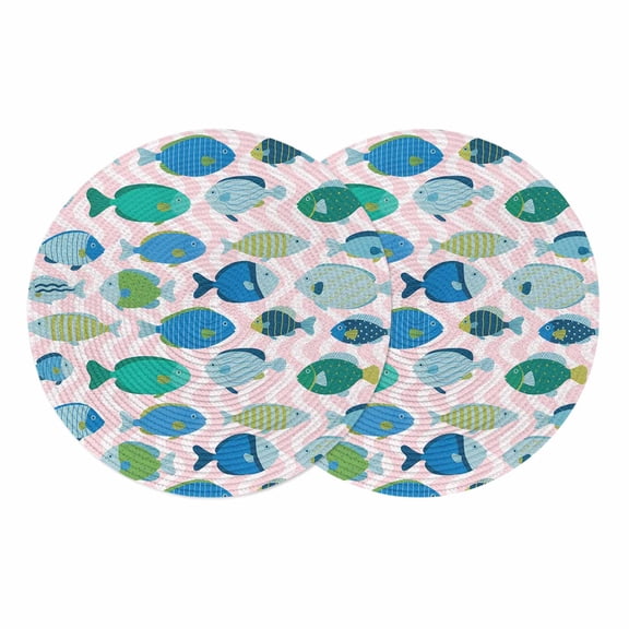 Pink Fishes Round 13 Inch Placemats Set of 2, Cartoon Coastal Ocean Fish Striped HeatResistant Non Slip Place Mats for Dining Table, Wipeable Braided Kitchen Table Mats for Housewarming