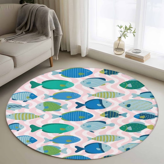Pink Fishes Round Area Rug 3Ft Washable Small Circle Rugs for Kitchen Entryway, Cartoon Coastal Ocean Fish Striped Non-Slip Carpet Floor Mats Indoor Outdoor Carpet Runner Aesthetic Home Decor