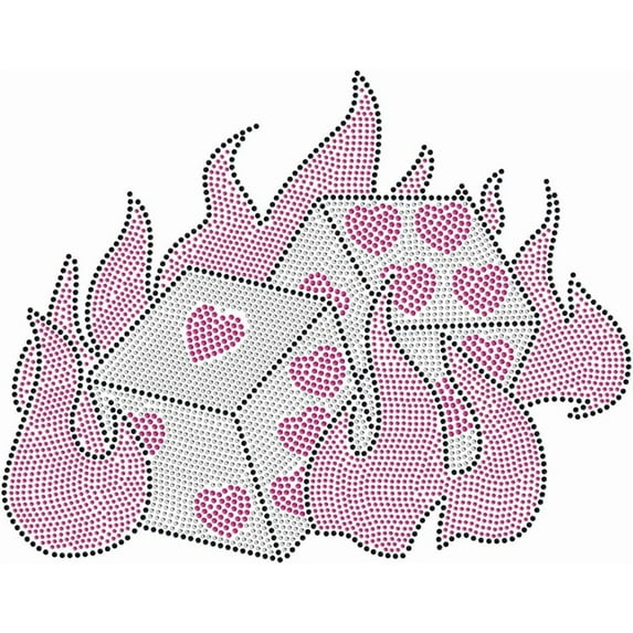 Pink Flame Dice Rhinestonet Iron on Transfer 11.7x8.3 Inch Heat Transfer Decal Bling Patch Clear Rhinestone Template Clothing Repair Applique for T-Shirt Clothing Pants Bags