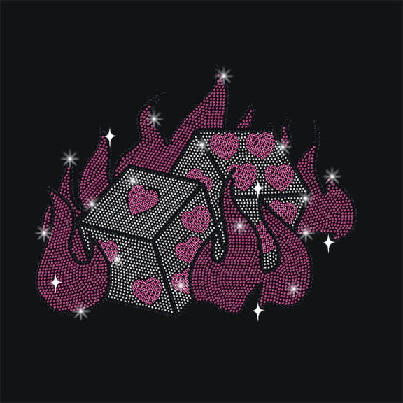 Pink Flame Dice Rhinestonet Iron on Transfer 11.7x8.3 Inch Heat Transfer Decal Bling Patch Clear Rhinestone Template Clothing Repair Applique
