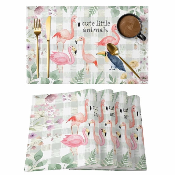 Pink Flaming Birds Placemats Set of 8, Green Leaf Flower Cute Little Animal Plaid Non-Slip Place Mats Washable Table Mats for Kitchen Dining Table Decorations Indoor/Outdoor