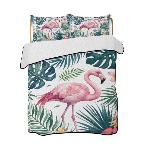 Pink Flamingo 3 Piece Quilt Bedding Set with 2 Pillow Shams, Palm Leaf Summer Coastal Tropical Botanical Lightweight Bedspread Coverlet, Soft Breathable All Season Quilt, 68 x 98 Inch