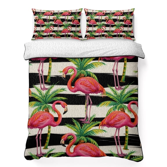 Pink Flamingo 3 Piece Quilt Bedding Set with 2 Pillow Shams, Palm Leaf White Black Striped Vintage Lightweight Bedspread Coverlet, Soft Breathable All Season Quilt, 79 x 90 Inch