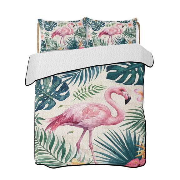 Pink Flamingo 3 Piece Quilt Bedding Set with 2 Pillow Shams, Palm Leaves Tropical Botanical Summer Flower Coastal Lightweight Bedspread Coverlet, Soft Breathable All Season Quilt, 68 x 98 Inch