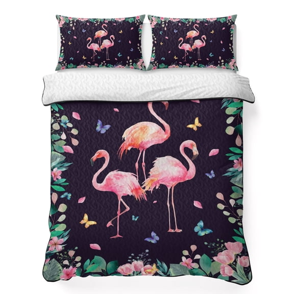 Pink Flamingo 3 Piece Quilt Bedding Set with 2 Pillow Shams, Summer Animal Butterfly Plant Leaf Flower Botanical Lightweight Bedspread Coverlet, Soft Breathable All Season Quilt, 68 x 98 Inch