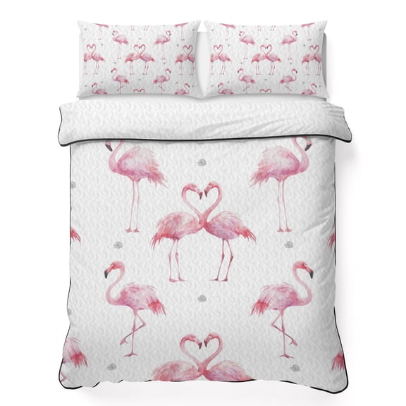 Pink Flamingo 3 Piece Quilt Bedding Set with 2 Pillow Shams, Summer Animal Heart Shape Palm Leaf Farmhouse Lightweight Bedspread Coverlet, Soft Breathable All Season Quilt, 79 x 90 Inch