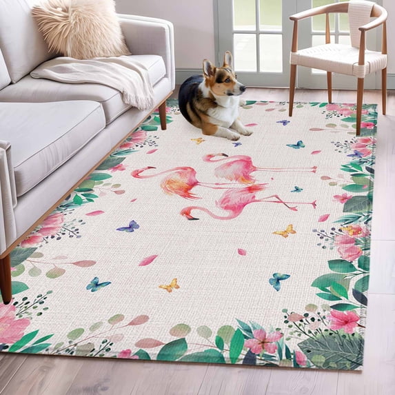 Pink Flamingo 3'x5' Washable Rug, Tropical Botanical Summer Flower Rustic Non-Slip Area Rugs for Entryway Kitchen Classroom, StainResistant Dorm Throw Carpet, Low Pile Soft Indoor Floor Mat