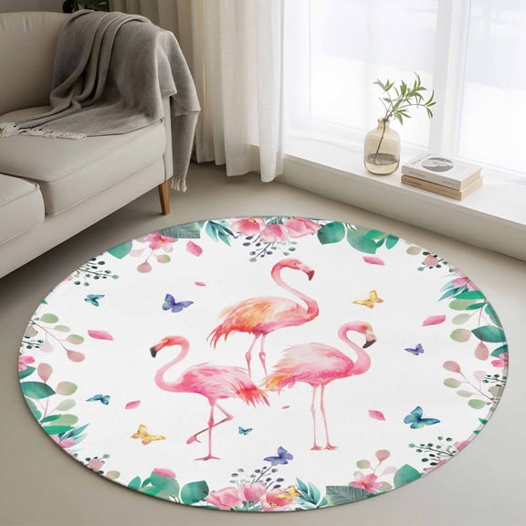 Pink Flamingo 3ft Area Rug, Tropical Botanical Summer Butterfly Flower Washable Non-Slip Small Round Rugs for Entryway Bedroom Kitchen, Soft Circle Carpet for Dining Room, Playroom Nursery Rug
